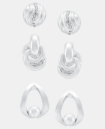 Anne Klein Silver-Tone Fluted Dome Textured Faux Pearl Earrings, Set of 3