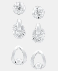 Anne Klein Silver-Tone Fluted Dome Textured Faux Pearl Earrings, Set of 3