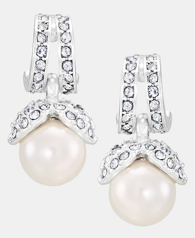 Anne Klein Silver-Tone Huggie Imitation Pearl Stone Drop Earrings