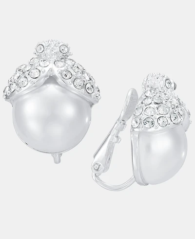 Anne Klein Silver-Tone Imitation Pearl Stone Button Ez Comfort Clip Earrings