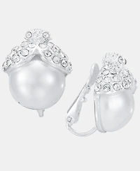 Anne Klein Silver-Tone Imitation Pearl Stone Button Ez Comfort Clip Earrings