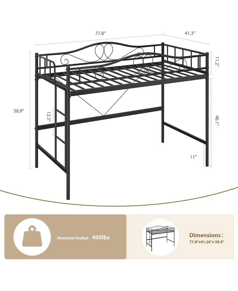 gaomon Twin Metal Loft Bed Frame, 400lb Capacity, Noise-Free, Space-Saving, Full Guardrail, Ladder, Easy Assembly