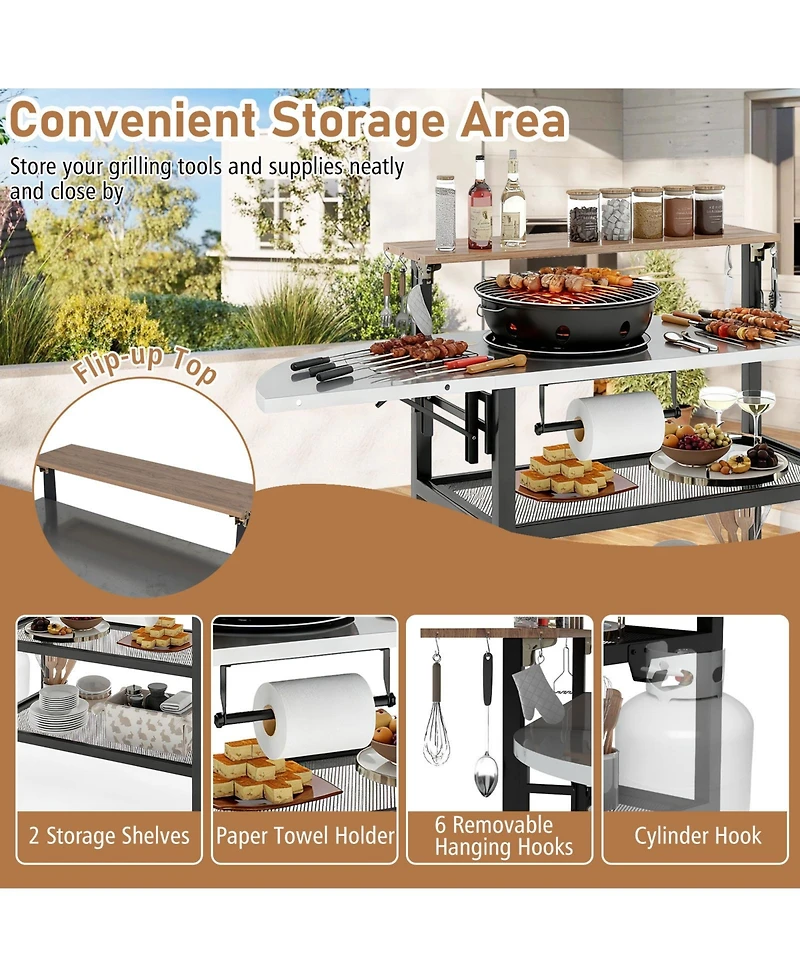 Sugift Outdoor Foldable Grill Table with Flip-Up Top and 2 Storage Shelves for Backyard Garden
