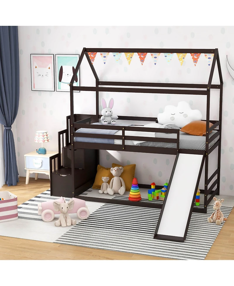 Gymax Loft Bed w/ Slide and Storage Staircase Twin Over Twin House-shaped Bunk Bed