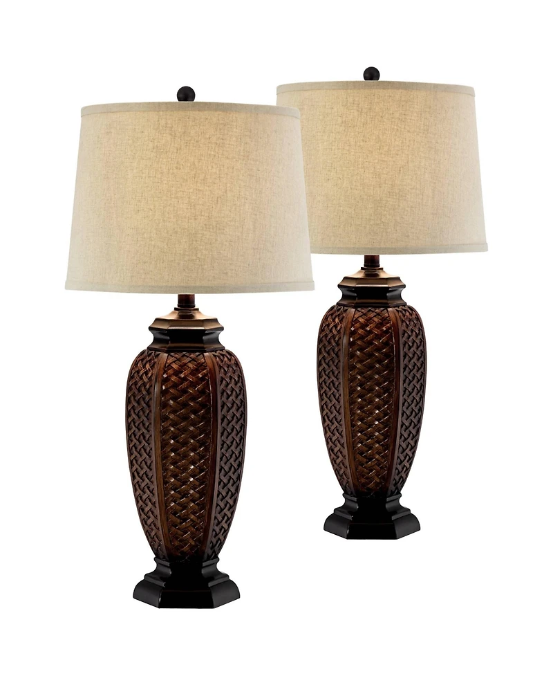 Regency Hill Tropical Table Lamps 29" Tall Set of 2 Weathered Brown Woven Wicker Jar Linen Drum Shade for Living Room Family Bedroom