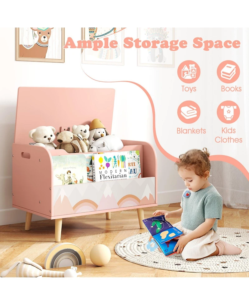 Sugift Kids Wooden Toy Box with Front Bookshelf and Solid Wood Legs