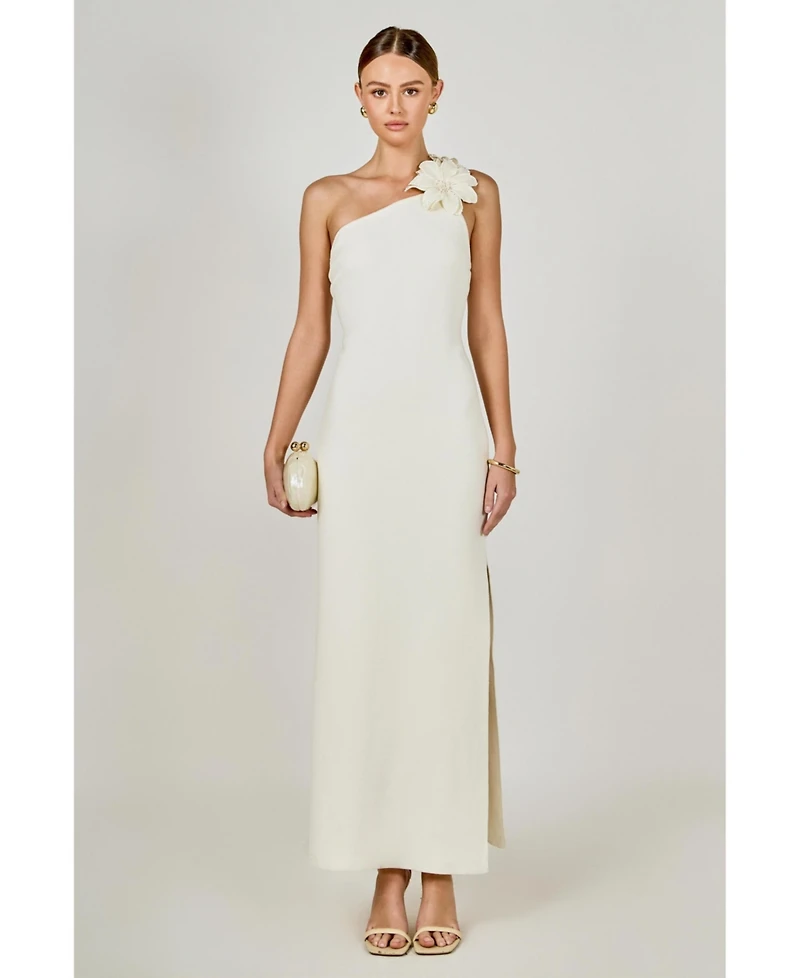 endless rose Women's Flower Detail One Shoulder Knit Maxi Dress