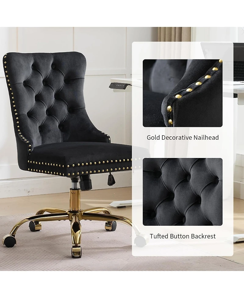 Rainsken Velvet Upholstered Office Chair, Tufted Button Desk Chair, Adjustable Swivel Computer Chair with Metal Base