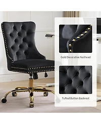 Rainsken Velvet Upholstered Office Chair, Tufted Button Desk Chair, Adjustable Swivel Computer Chair with Metal Base