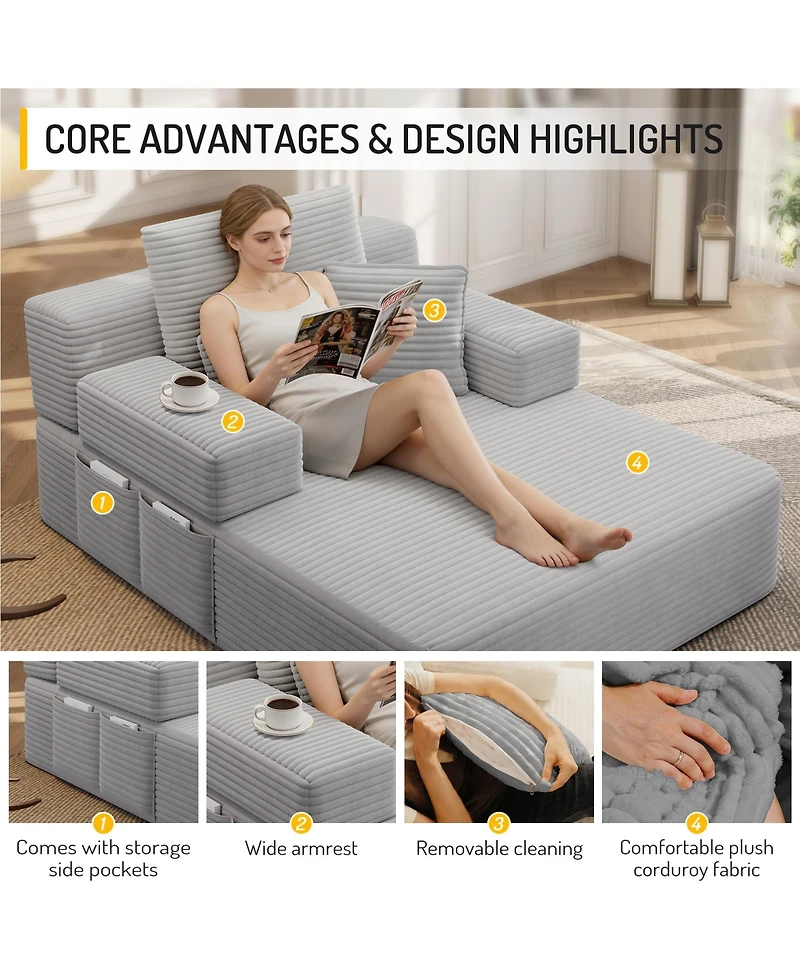 Rainsken Plush Corduroy Convertible Chaise Chair, Sofa Bed with Storage Pocket and 3 Pillows, Frameless Design and Compression Foam for Living Room