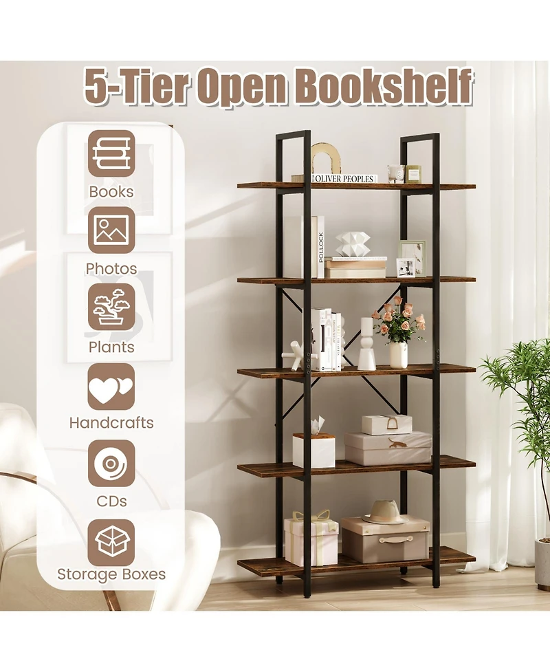 Sugift Vintage Industrial Five Tier Bookcase with Open Shelving
