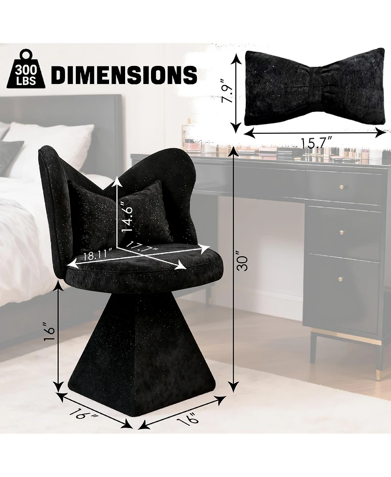 Rainsken Accent Chair with Butterfly Back, 360° Swivel Vanity Chair, Chenille Makeup Chairs with Sturdy Pyramid Base for Living Room, Bedroom