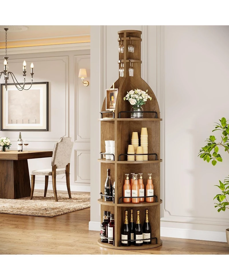 Tribesigns 75" Tall Wine Rack with Storage Shelves, Industrial Round Wine Cabinet with Hanging Goblet Holder