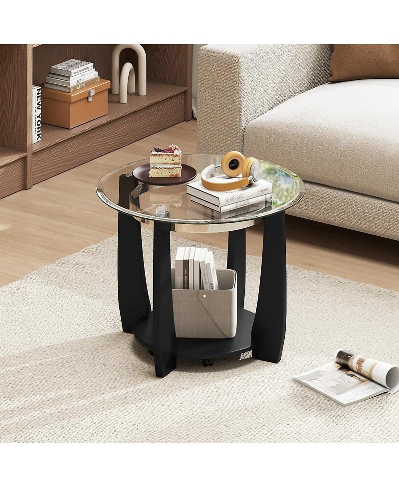 Sugift Two Tier Round Glass Coffee Table with Storage Shelf