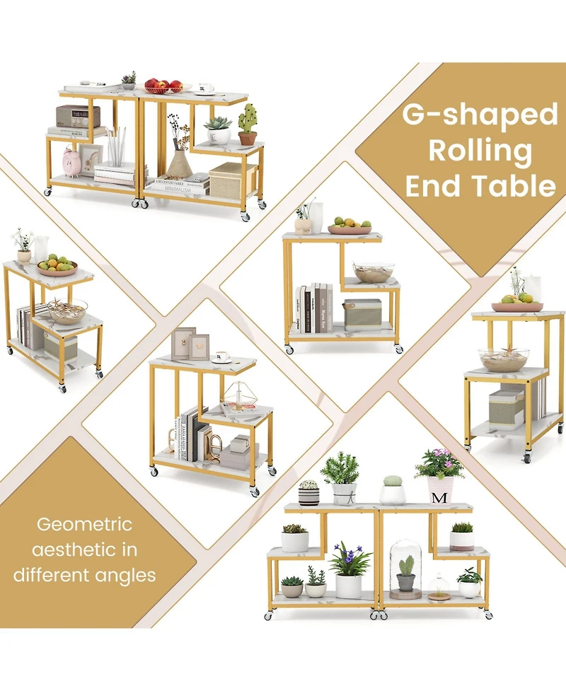 Sugift G Shaped Three Tier Mobile End Table with Open Shelves