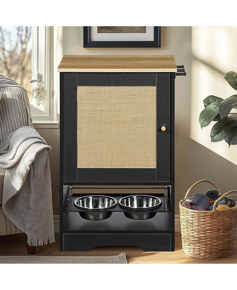 Aostirmotor Black Pet Feeding Station with Storage Cabinet and 2 Elevated Dog Bowls, Anti-Tip Design