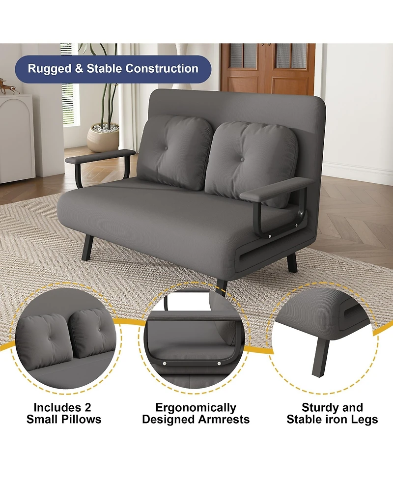 Rainsken Corduroy Convertible Loveseat Sofa Bed with 5-Level Adjustable Backrest, Modern Folding Couch Sofa with Throw Pillow for Living Room, Bedroom