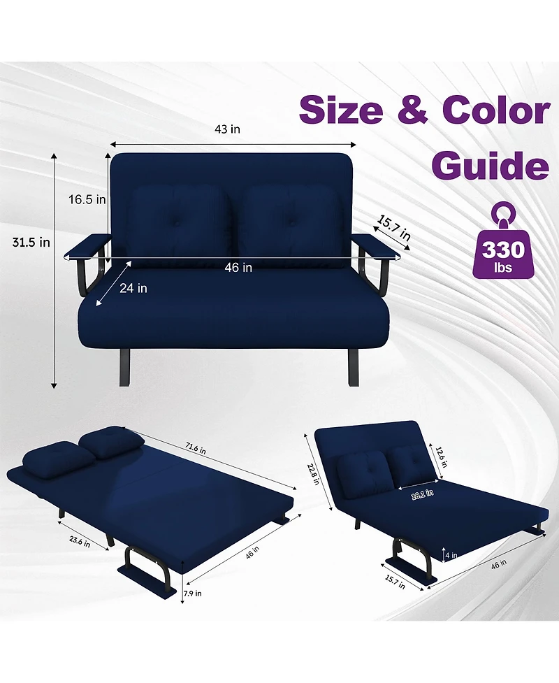 Rainsken Corduroy Convertible Loveseat Sofa Bed with 5-Position Adjustable Backrest and Pillow, Modern Folding Couch for Living Room, Bedroom