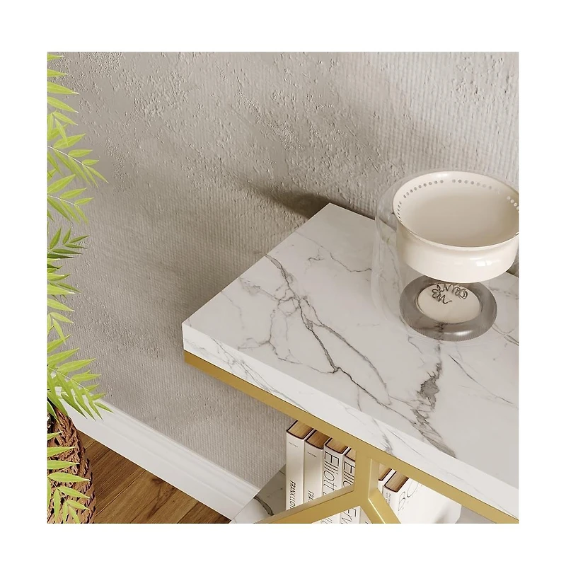 gaomon Entryway Table with Diamond Metal Frame, Marble Console with Open Shelf Storage, Adjustable Feet