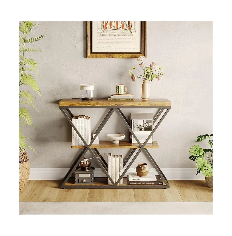 gaomon Industrial 3-Tier Entryway Table, Double X Metal Frames, 2 Storage Shelves, Rustic Wood, Living Room or Hallway