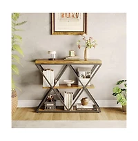 gaomon Industrial 3-Tier Entryway Table, Double X Metal Frames, 2 Storage Shelves, Rustic Wood, Living Room or Hallway