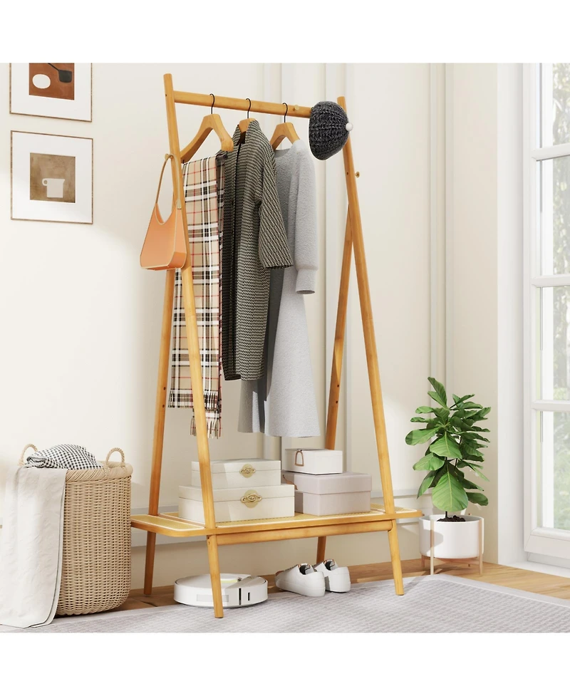 Sugift Bamboo Clothes Rack with Hanging Rod Shelf and Hooks