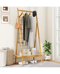 Sugift Bamboo Clothes Rack with Hanging Rod Shelf and Hooks
