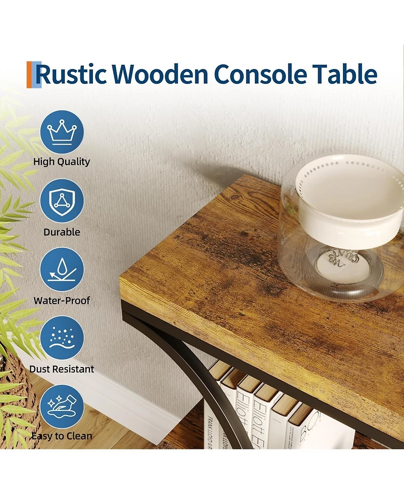 gaomon 39" Narrow Console Table for Entryway, Industrial 3-Tier Sofa Table, Round Metal Base, Storage Shelves