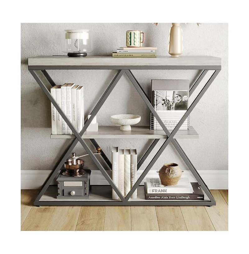 gaomon Industrial 3-Tier Entryway Table, Double X Metal Frames, 2 Storage Shelves, Rustic Wood, Living Room or Hallway