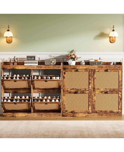 Homfan Rattan Wooden Shoe Cabinet with 4 Flip Drawers and Adjustable Shelves