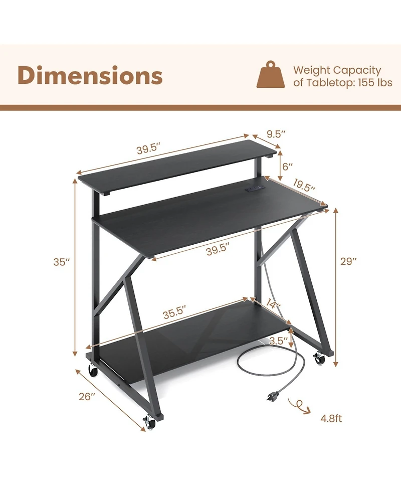 Sugift Rolling Computer Desk with Charging Station and Monitor Shelf