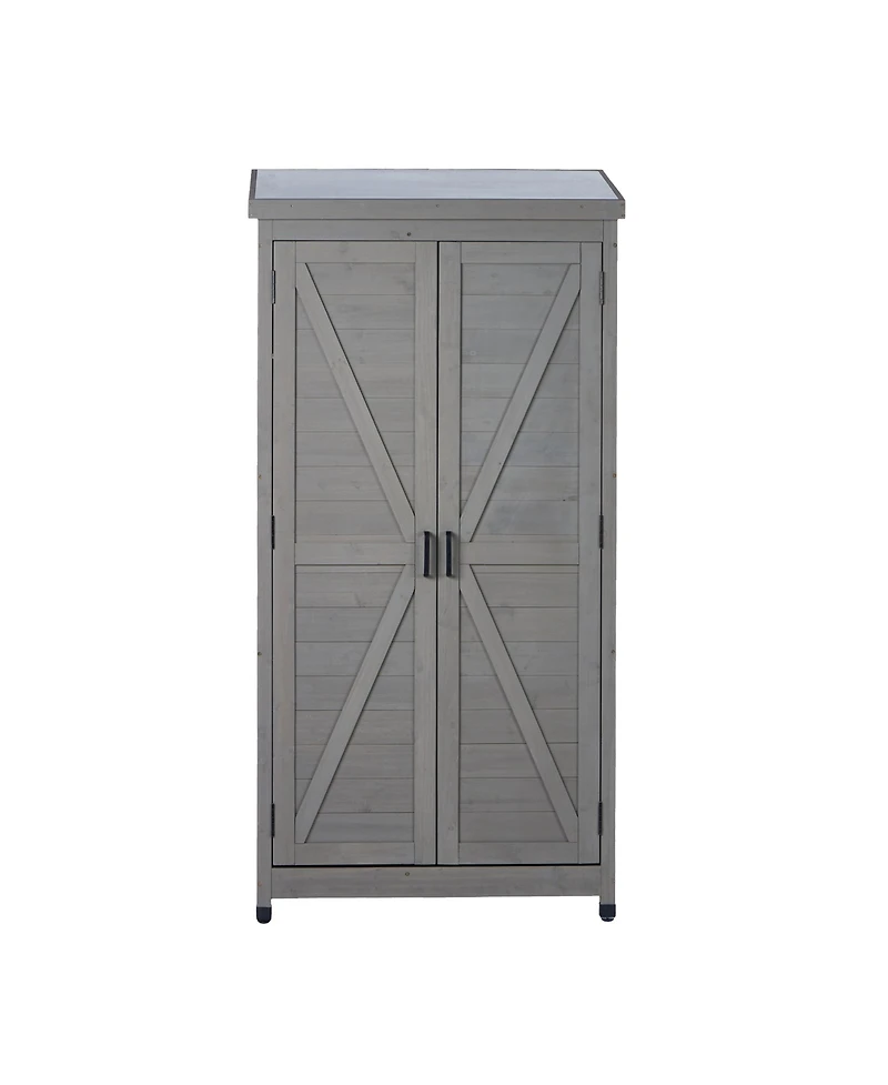 Clihome Outdoor Wooden Storage Shed with Metal Top Tall Vertical Tool Cabinet for Backyard Garden