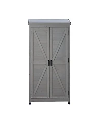 Clihome Outdoor Wooden Storage Shed with Metal Top Tall Vertical Tool Cabinet for Backyard Garden