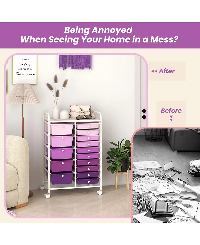 Sugift Fifteen Drawer Utility Rolling Storage Cart for Multi Use