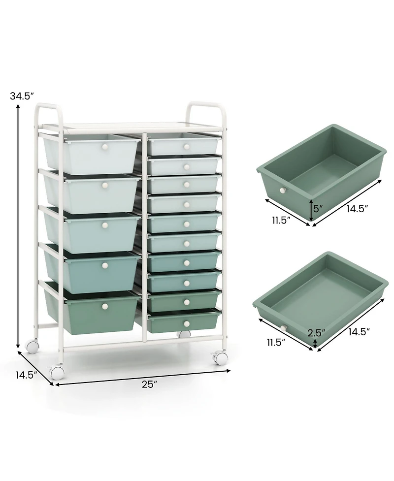 Sugift Fifteen Drawer Utility Rolling Storage Cart for Multi Use