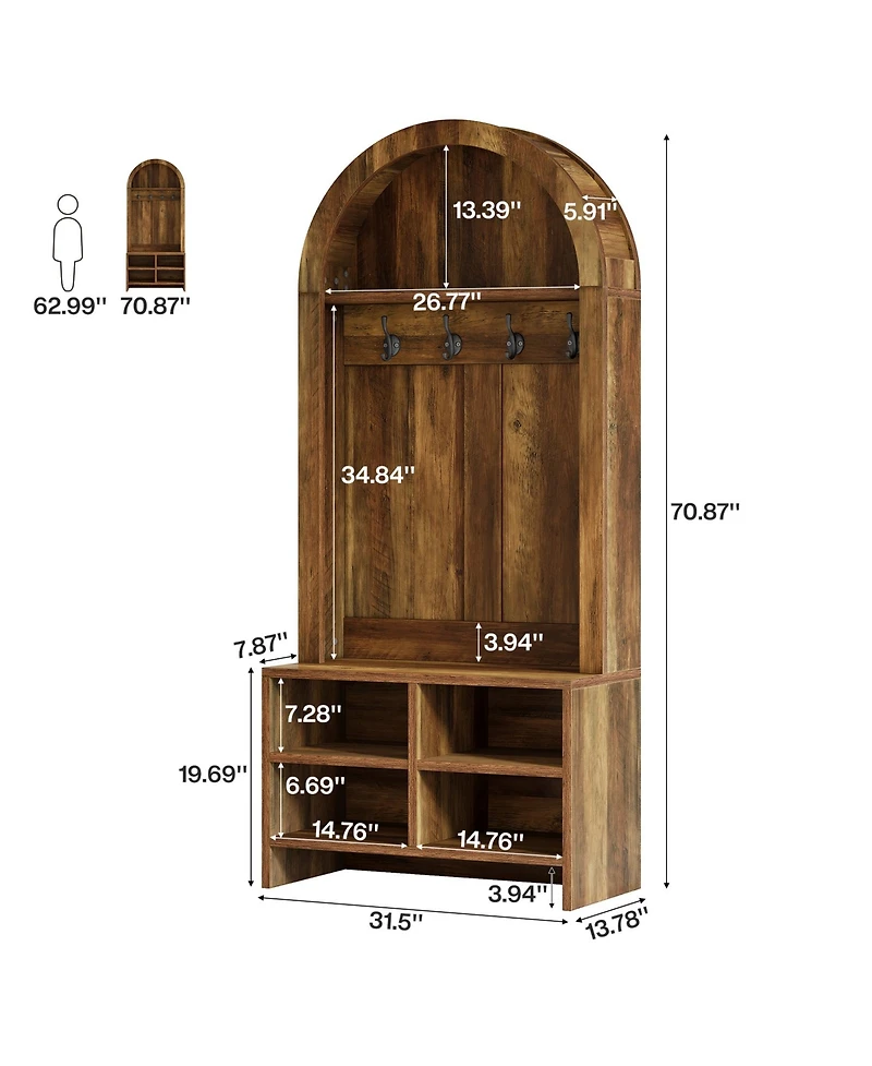 Tribesigns 70.87“ H Hall Tree with Bench and Shoe Storage, Arched Coat Rack with 4 Hooks and 4 Cubbies, Entryway Bench
