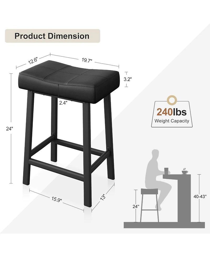 gaomon Set of 2 Ergonomic 24" Counter Height Bar Stools with Curved Pu Leather Seat, Metal Frame and Footrest, Supports 240 lbs