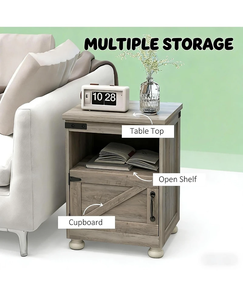 Rainsken Small Bedside Cabinet, Farmhouse Storage Nightstand with Open Shelf and Cupboard for Living Room, Bedroom,