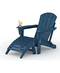 gaomon Folding Adirondack Chair Set of 2 with Ottoman, All-Weather Outdoor Chair, Wooden Textured with Cup Holder for patios, Decks, Gardens.