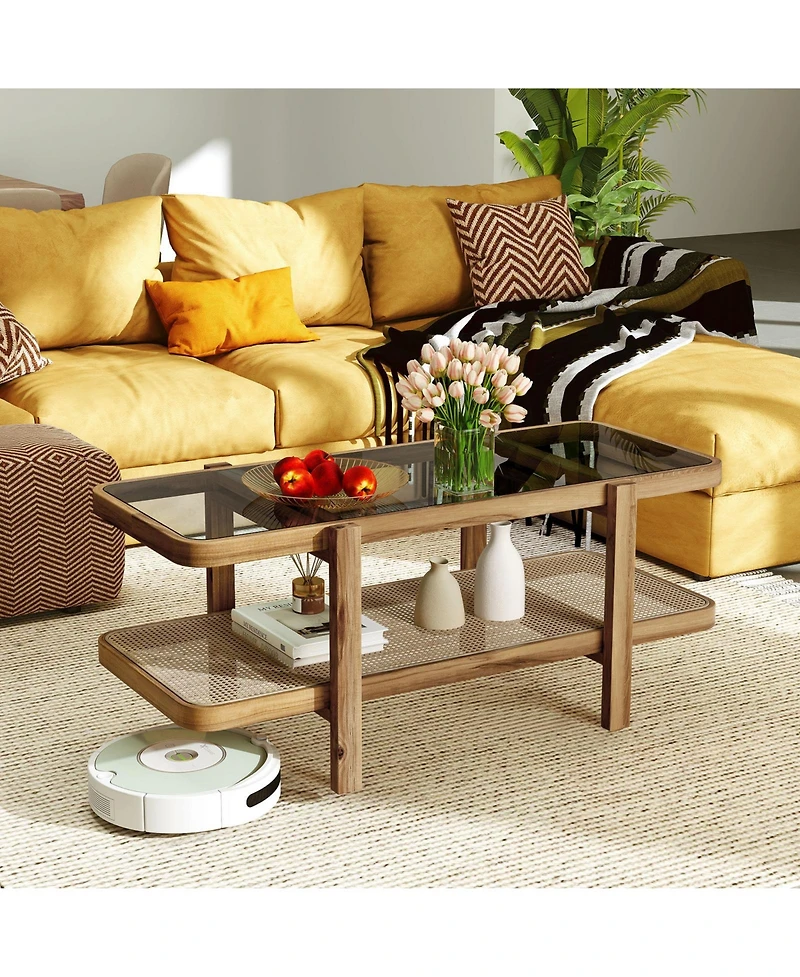 Sugift Two Tier Coffee Table with Storage and Glass Top