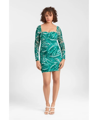 S3 Apparel Women's Shirred Mesh Sweetheart Long Sleeve Sculpting Mini Dress with Built-In Shapewear