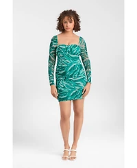 S3 Apparel Women's Shirred Mesh Sweetheart Long Sleeve Sculpting Mini Dress with Built-In Shapewear