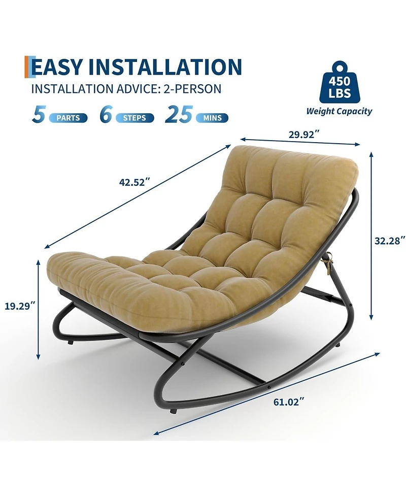 gaomon Oversized Papasan Rocking Chair, E-Coated Iron Egg Recliner, Cushion, 450 lbs Capacity, Indoor/Outdoor Lounge