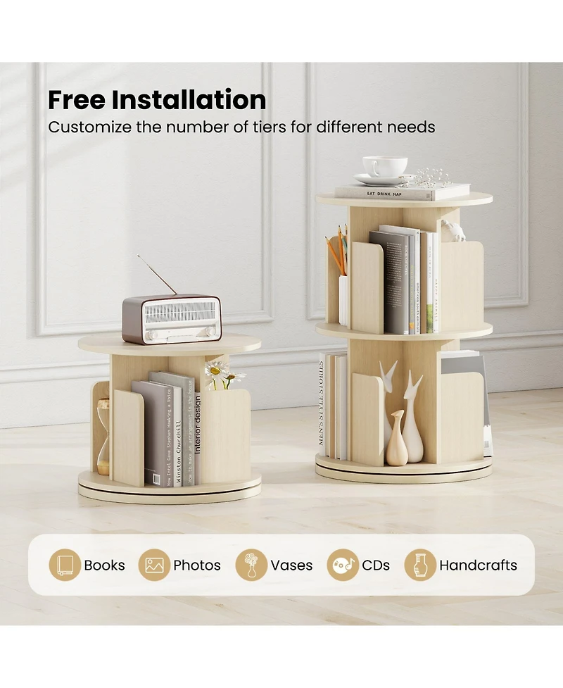 Sugift 2-Tier Rotating Bookshelf with Dividers and Anti-falling Baffles