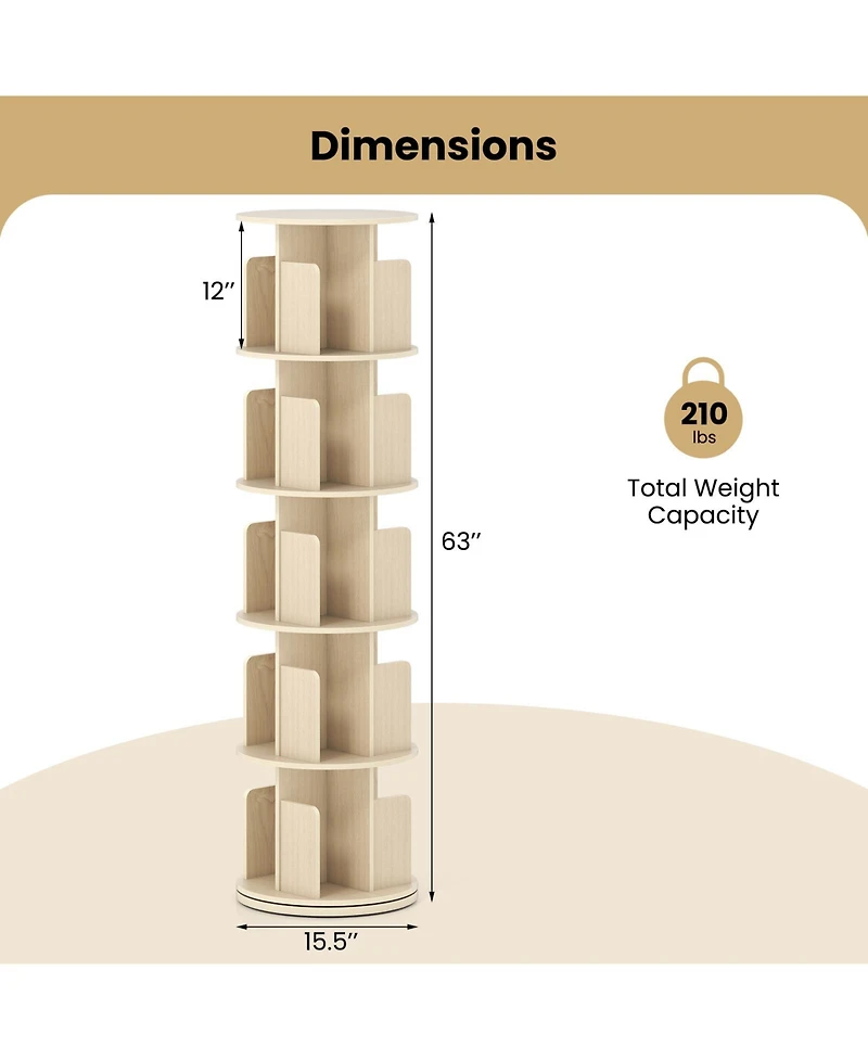 Sugift 5-Tier Rotating Bookshelf 360 Display Rack with Dividers and Anti-falling Baffles