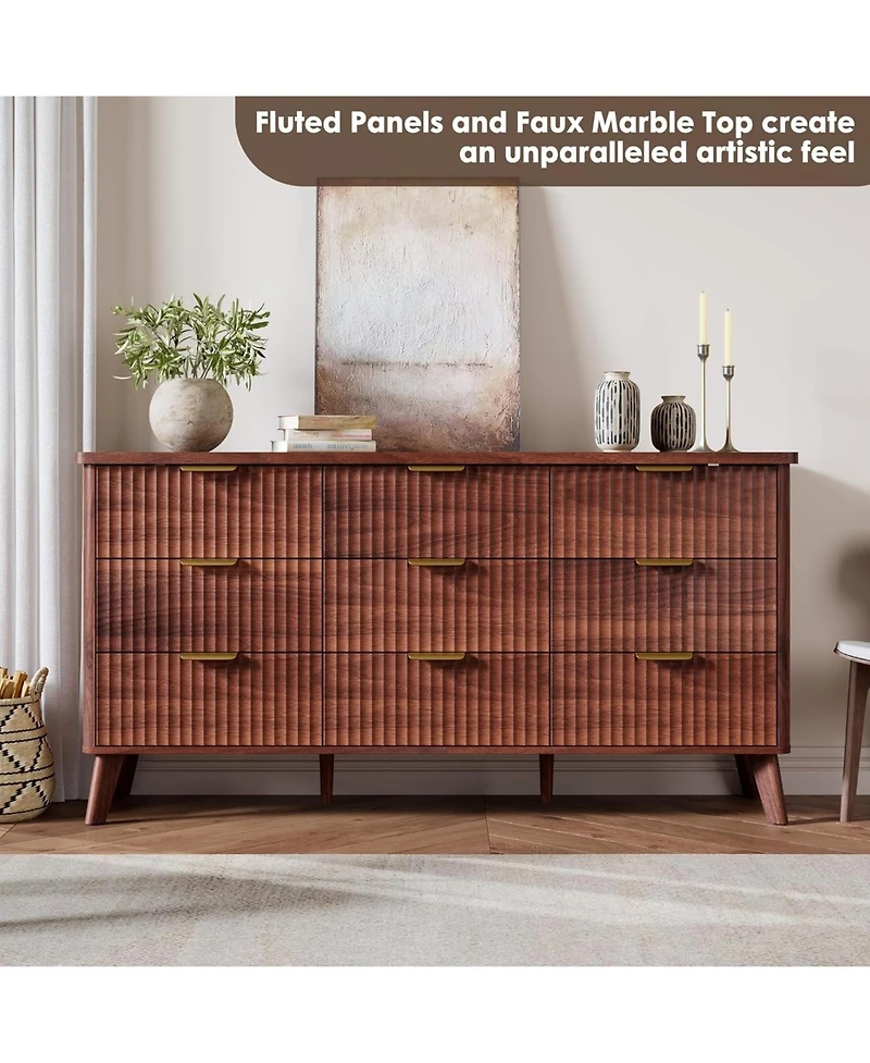 gaomon Garvee 60.6" Wide Fluted 9 Drawer Dresser with Curved Profile and Metal Handles