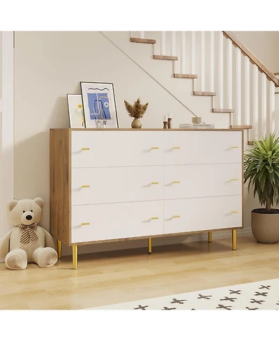 gaomon Farmhouse 6-Drawer Dresser, 47.2" Wide Rustic Wooden Chest with Bar Handles, Wide Storage Cabinet for Bedroom, Living Room, Entryway
