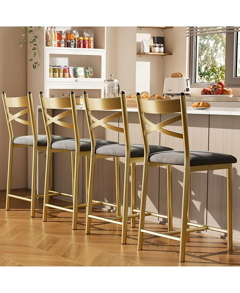 gaomon Set of 4 Gold 22" Bar Stools, Counter Height, Pu Upholstered Seat, Metal Frame, X-Back, for Kitchen Island, Dining Room
