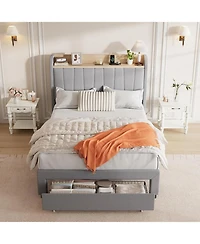 gaomon Bed Frame with Storage Headboard and Charging Station, Wooden Platform with Metal Frame & Drawers