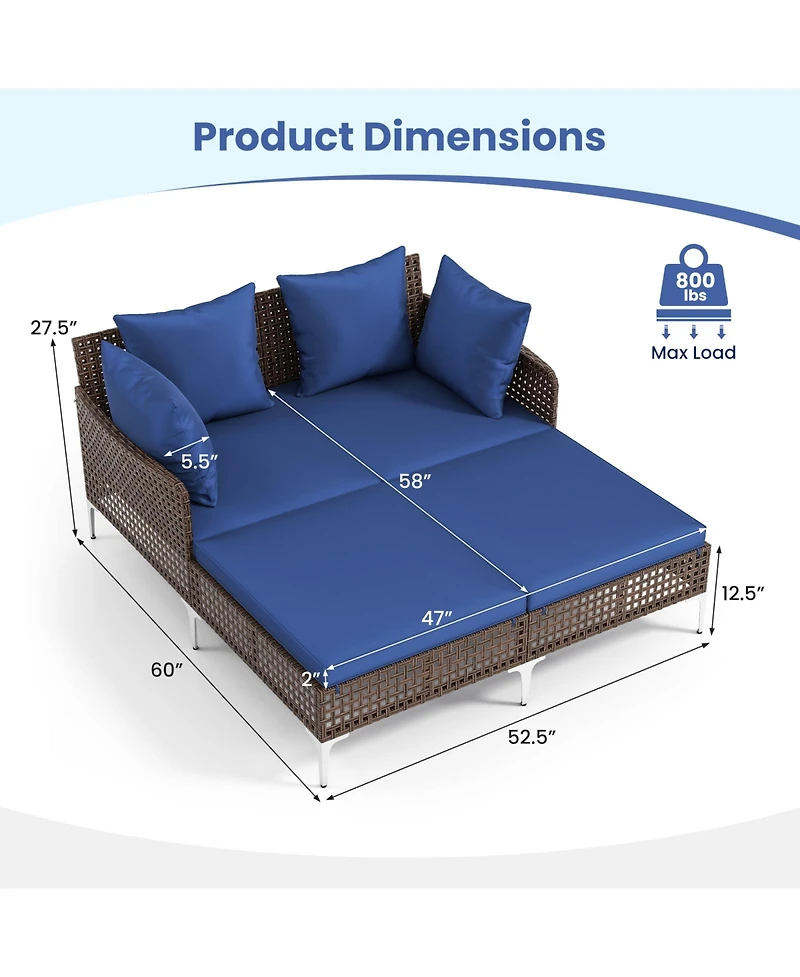 Sugift Outdoor Rattan Double Daybed Wicker Chaise Lounge